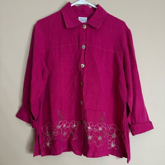 Donna Tops - vintage DONNA Pink Button-Up Shirt with Floral Embroidery small 100% linen